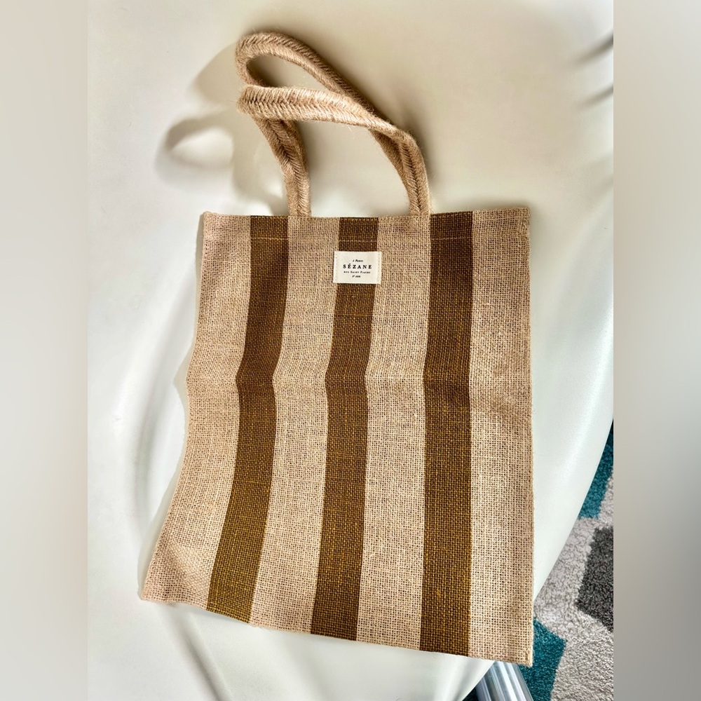 Sezane Small Jute Tote Khaki Stripes - Size TU